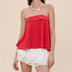 Red Linen Overfold Back Tie Hook & Eyes Tube Top